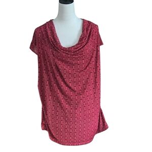 Worthington Woman 3X Cowl Neck Top Blood-Orange Red with Black Geometric Pattern